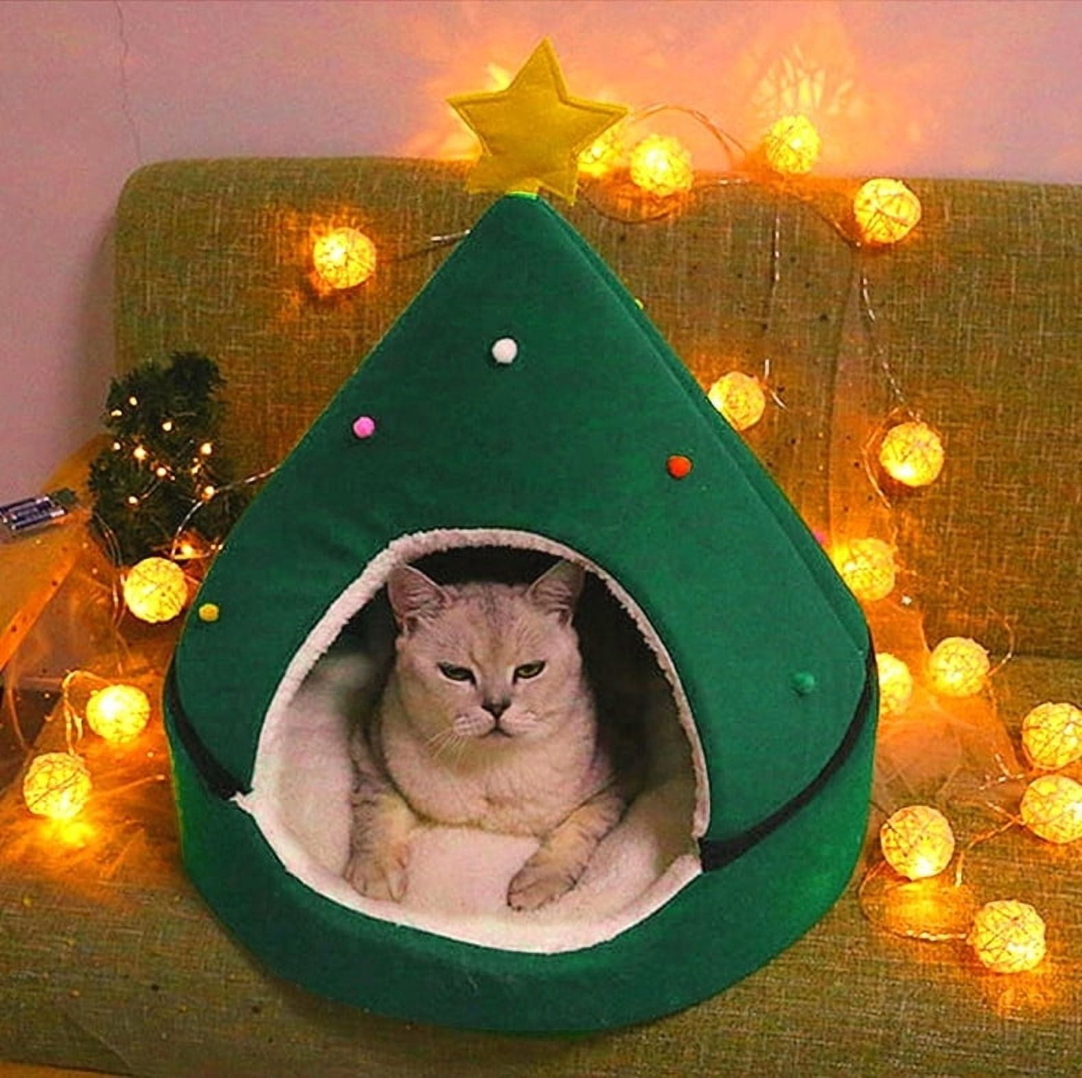 Christmas Tree Cat House, Cat Christmas Tree, Christmas Cat Bed Tent Cave Nest House Cute Pet Cave Beds, Comfortable Triangle Cat Bed Pet Tent House for Small Dog or Bunny