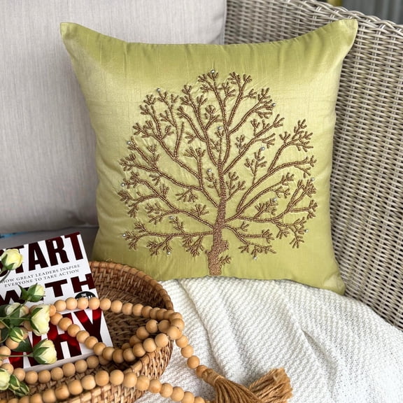 Cushion Covers For Couch, Decorative Apple Green Pillow Covers 16x16 inch (40x40 cm), Silk Throw Pillows For Couch, Nature & Floral, Beaded Tree, Modern Handmade Pillow - Tree Of Life