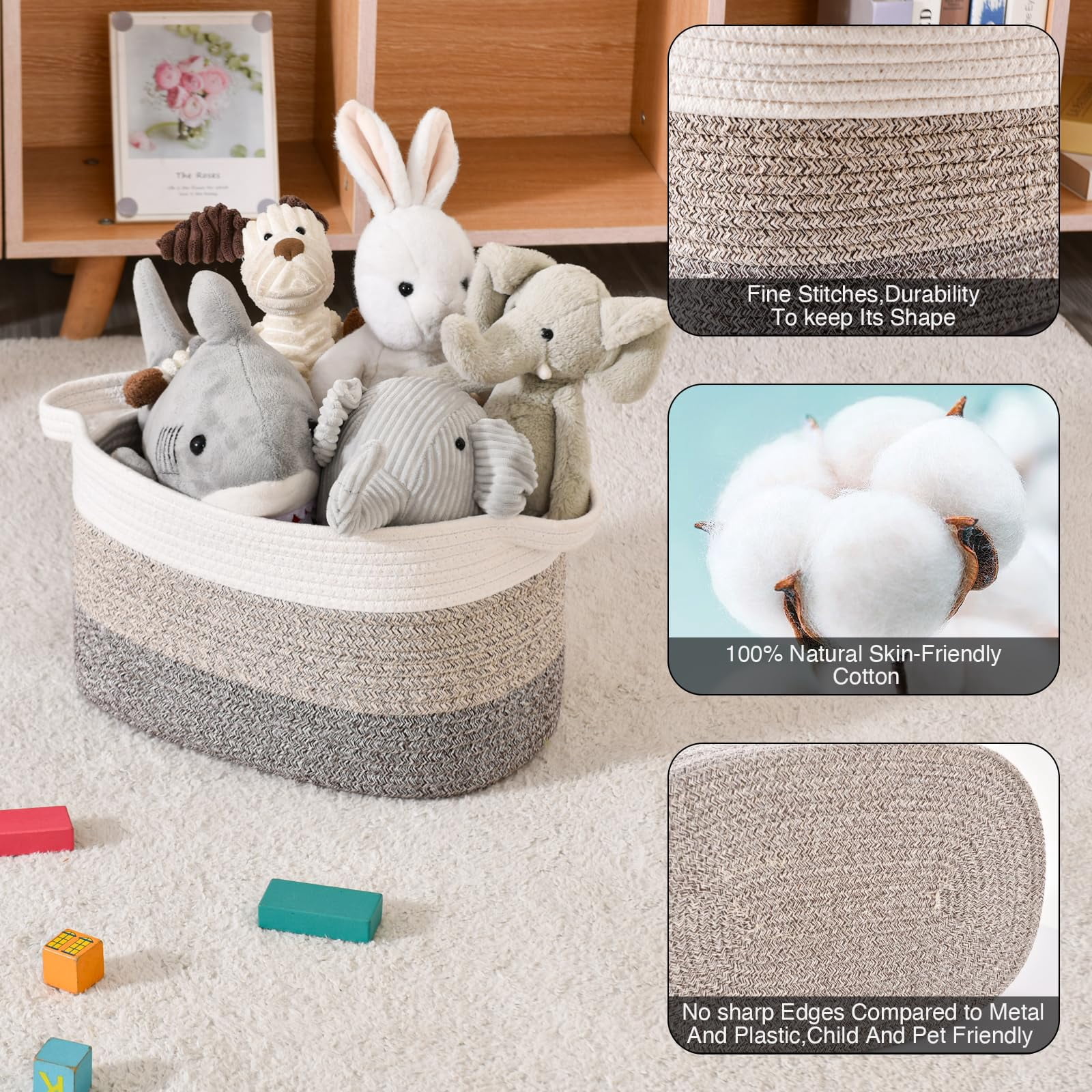 3PCS Large Woven Cotton Rope Storage Basket With Handles - 15"x10"x9.5" Decorative Organizer for Toys, Books, Living Room - Gradient Brown
