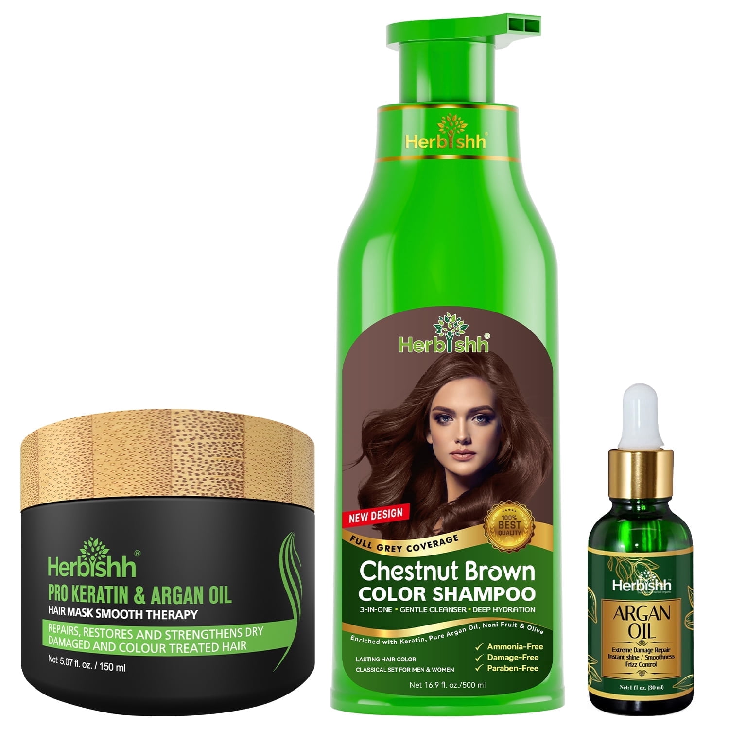 (3 pack) Herbishh Color Shampoo Combo - Hair Color Shampoo Hair Dye 500ml, Argan Oil 30ml Pro Keratin, Argan Hair Mask 100gm For Hair Straightening, Shine And Protection (Chestnut Brown)