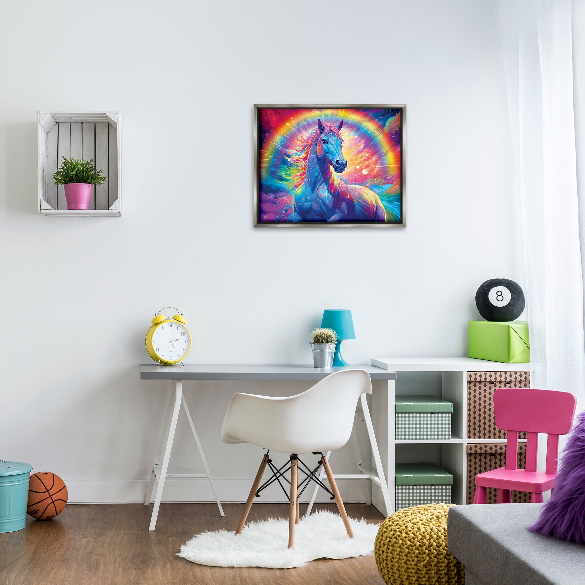 Stupell Industries Vivid Rainbow Horse Animals & Insects Painting Gray Floater Framed Canvas Art Print Wall Art, 31 x 25