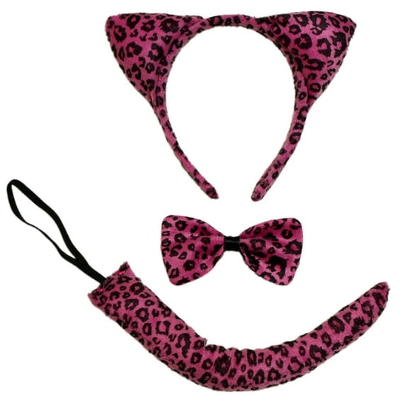 SeasonsTrading Pink Leopard Ears Headband, Tail & Bow Tie Costume Set - Cosplay Halloween Party Kit