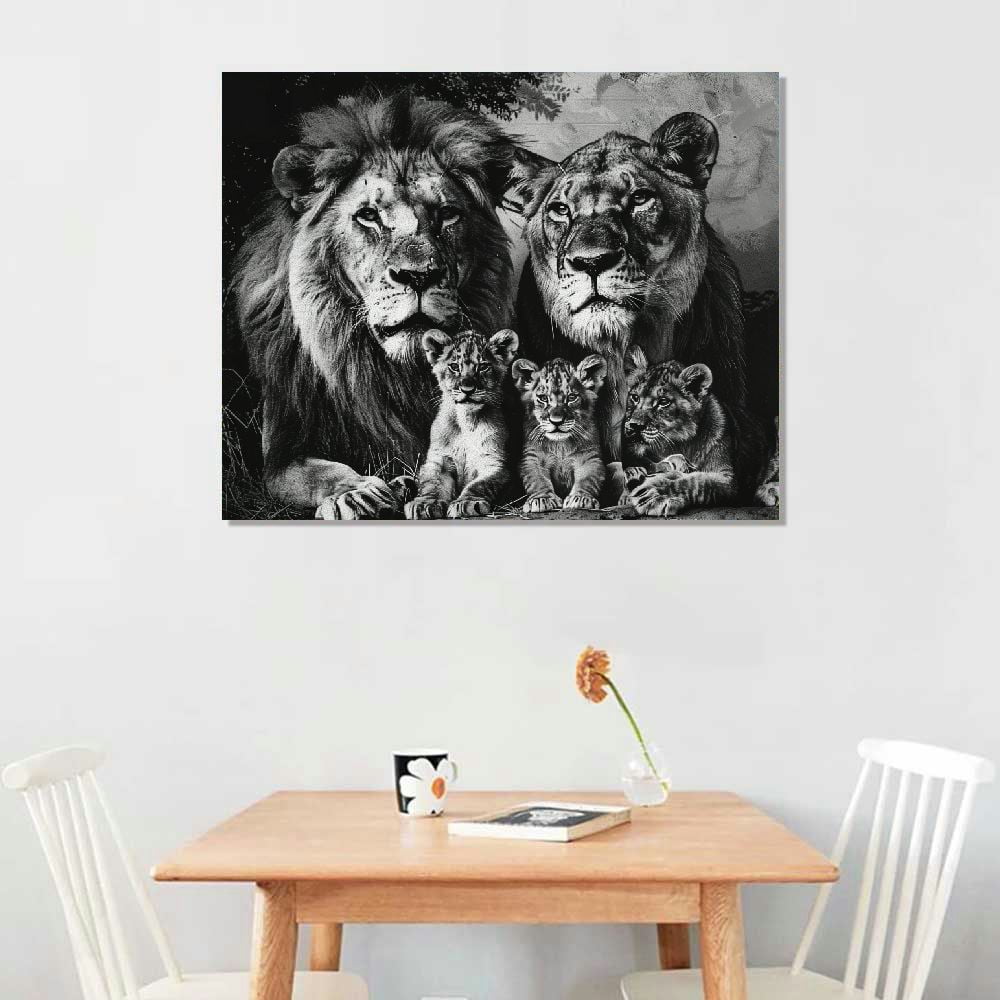 MLJA Lion Family Canvas Wall Art Black and White Animal Pictures Lion and Wall Poster Wild Animal Artwork Painting Abstract Lion Wall Art Black and Print