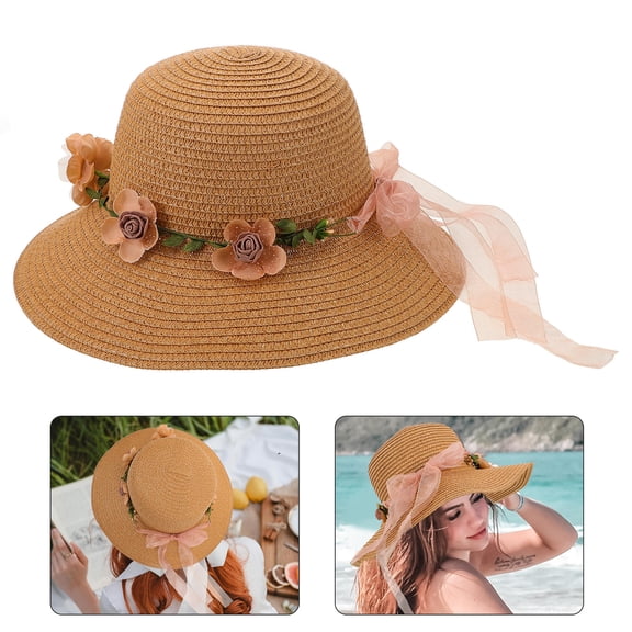 GOOHOCHY Women Lady Wide Brim Hat Summer Beach Straw Sun Floppy Hats for Adults (Khaki Garland)