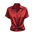 thumbnail image 5 of Only Moment Button Down Shirts Short Sleeve V Neck Satin Rolled Cuffed Short Sleeve Shirts Casual Work Blouse Summer Hawaiian Outfits Blouses for Women Dressy Casual Red,2XL, 5 of 6