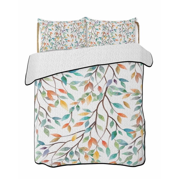 Twin Quilt Bedding Set, Teal Orange Eucalyptus Reversible Summer Quilt 3 Pieces, Weeping Botanical Leaves Lightweight Bedspreads Coverlets with 2 Pillow Shams for All Seasons