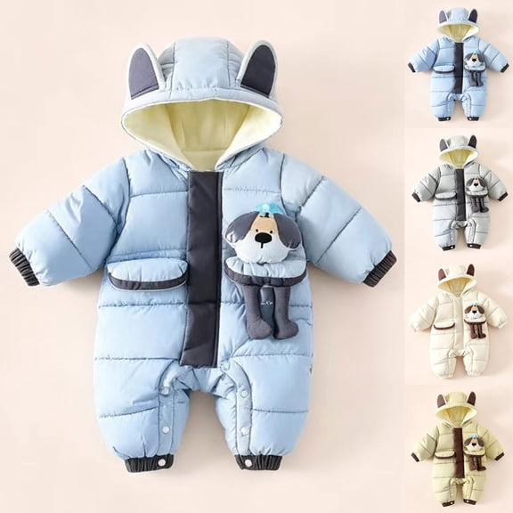 Toddler Boys Girls Snowsuit Zipper Front Cute Cartoon Dog Winter Coat Warm Hooded Jumpsuit for Cold Weather
