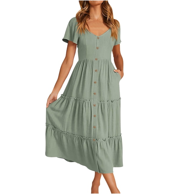Robes pour Femmes Été 2024, Robe Midi Décontractée à Manches Courtes, Col en V avec Boutons, Ligne A, Fluide, avec Poches, 50 % de Réduction!