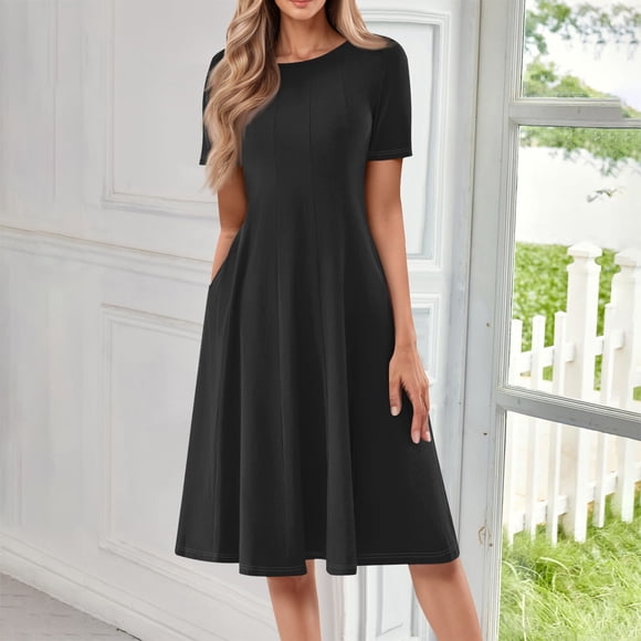 Vêtements pour Femmes Robe Italienne Robes d'Été pour Femmes 2025, Robe Décontractée de Tous les Jours pour le Trajet, Couleur Unie, Beaucoup de Petites Fleurs, Col Rond, Manches Courtes, avec Poches et une Longueur Longue