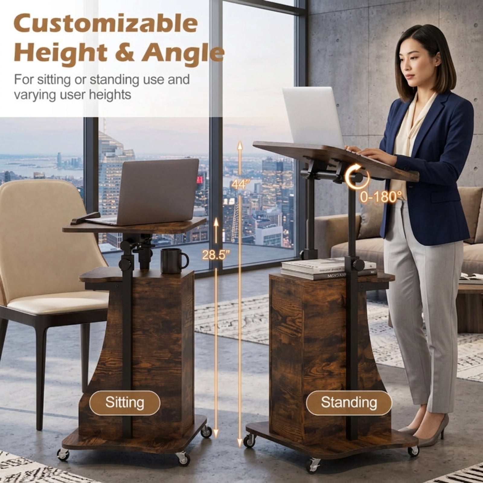 Furnibear Mobile Podium Stand Height Adjustable Laptop Cart with Tilting Tabletop Rolling Wheels and Storage Compartments for Classroom, Rustic Brown