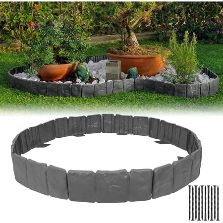 Garden Edging Border NO DIG, with Landscape Edging Anchoring Spikes, Gray Stone Effect Plastic Lawn Edging Fencing, Interlocking Yard Lawn Edging for Flower Bed | 24 Ft | 30Pcs | Gray |