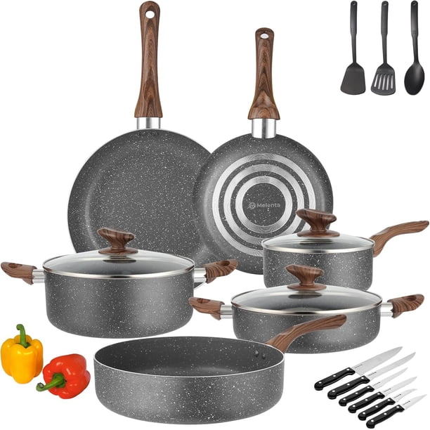 juego de ollas y sartenes antiadherentes, juego de ollas de granito, bateria de cocina antiadherente 18 piezas, ollas de cocina de aluminio, color gris