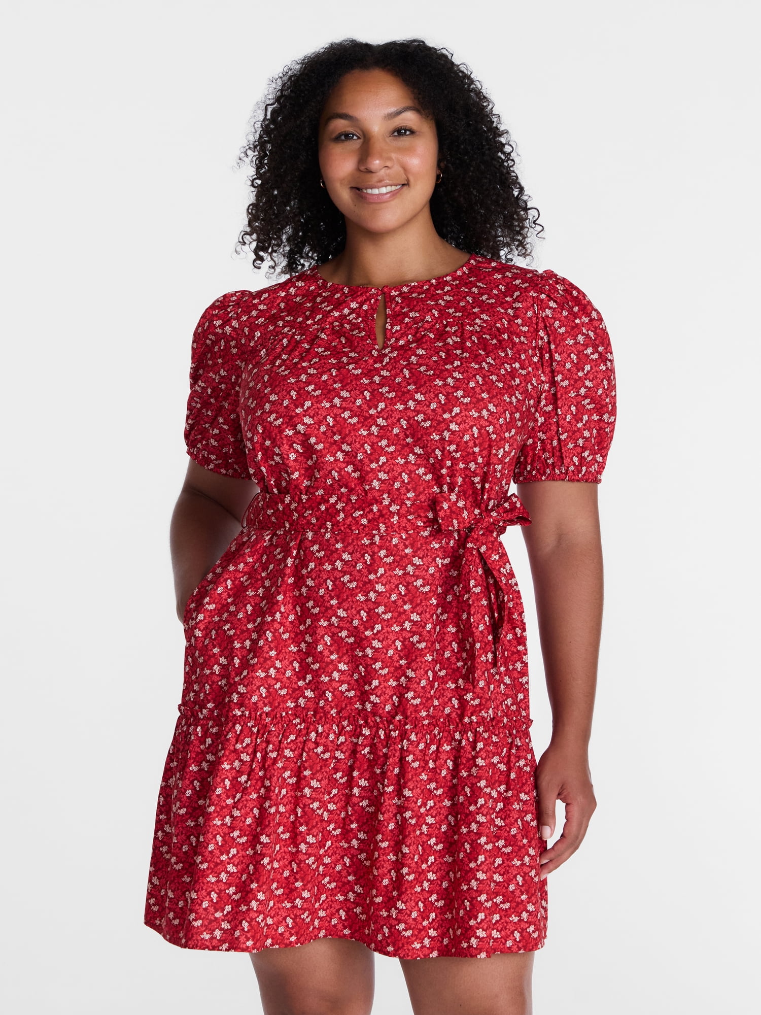 Time and Tru Women's and Women's Plus Cotton Mini Dress with Puff Sleeves, Sizes XS-4X