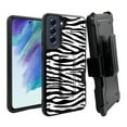 thumbnail image 1 of ANJ+ Rugged Dual Layer Hybrid Holster Kickstand Case w/ Card Slot + Tempered Glass Cover for Samsung Galaxy S21 FE 5G - White Zebra, 1 of 3