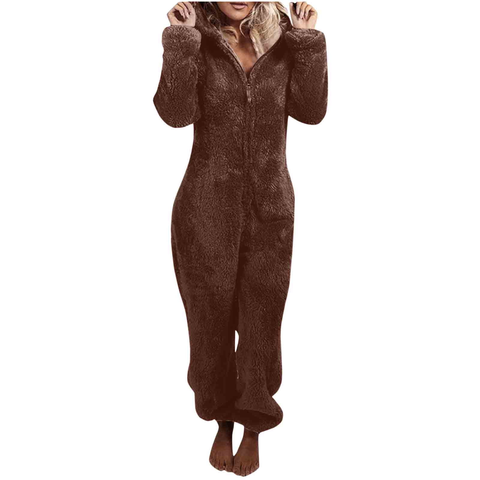 FRSASU Womens Fleece Onesies Pajamas Jumpsuit Warm Sherpa Romper Sleepwear One Piece Zipper Hooded Playsuit Loungewear