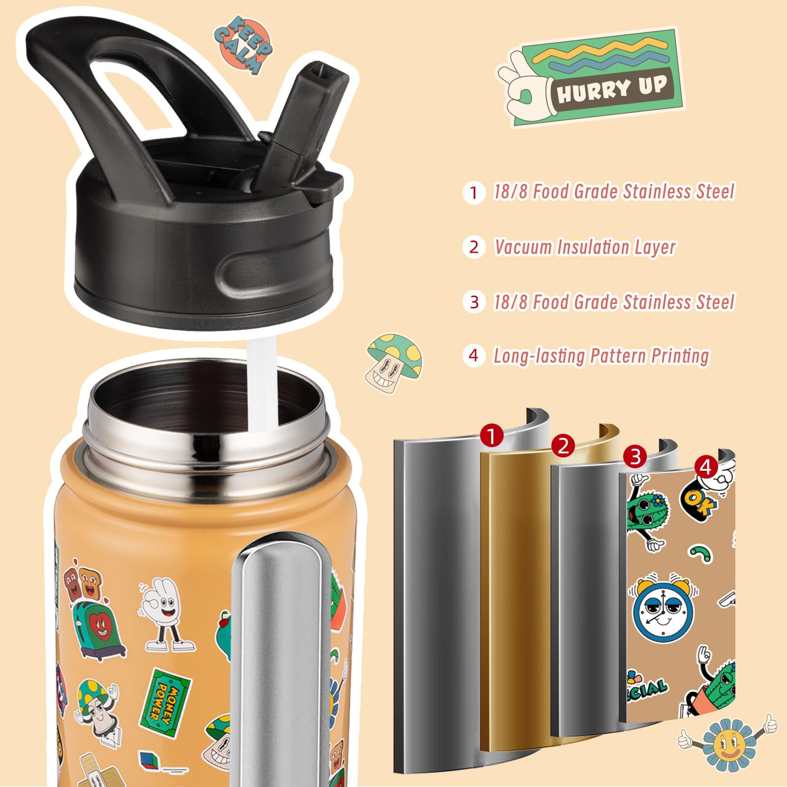 BJPKPK Insulated Water Bottle with Straw Lid, 18 oz Stainless Steel Metal Water Bottles, Reusable Leak Proof BPA Free Water Bottles, Cups, Thermos, Spring Party-Brown