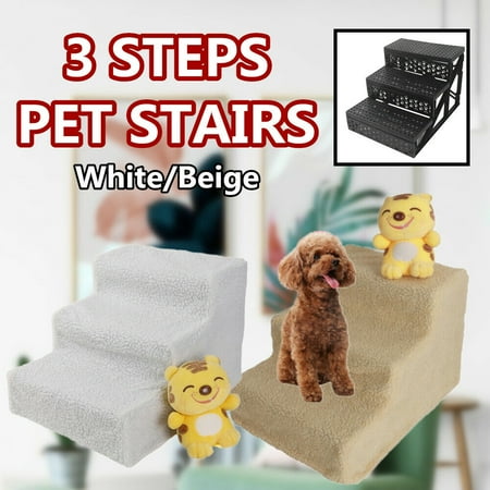 Mini Dog Stairs - Pets 3-Steps Stairs Soft Portable Cat Dog Ramp Small Climb Ladder With Washable Cover(Beige)
