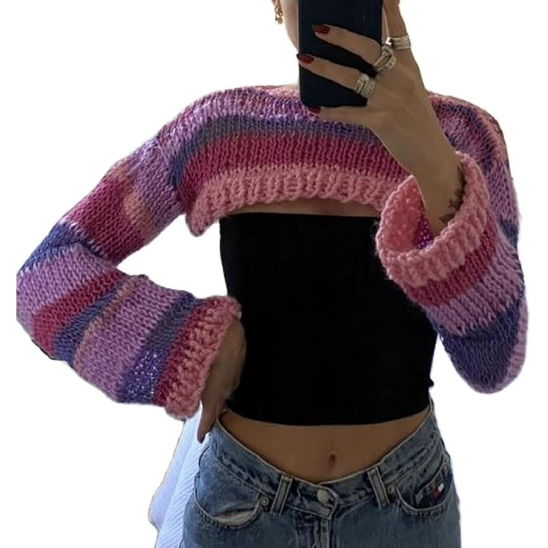 DanceeMangoos Women Shrug Crop Top Long Sleeve Cyber Y2k Knit Mini Half  Sweater Gothic Pullover Shirt Grunge Streetwear Alt Emo Clothes