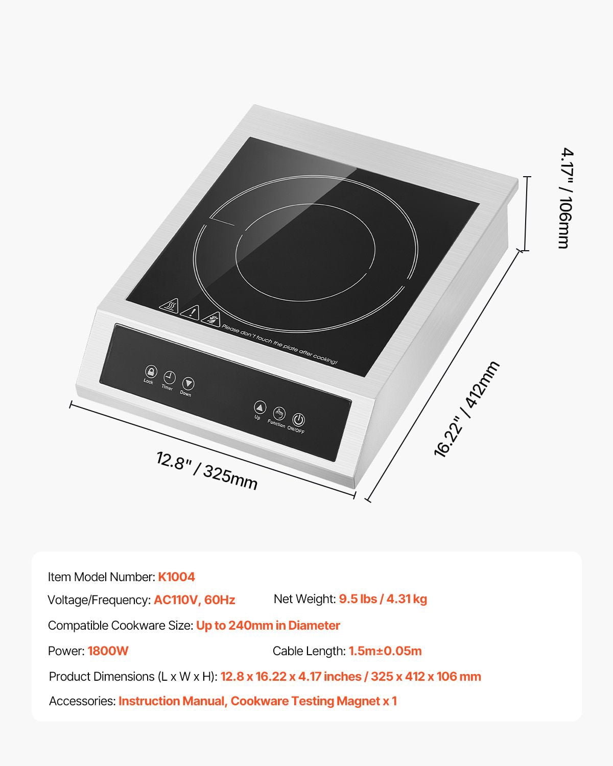 1800W Portable Induction Cooktop, 1800W Commercial Induction Burner with 9 Temperature Settings, Child Lock, Waterproof, for restaurant cafe food truck catering and home kitchen use