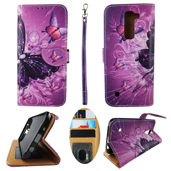Multi Purple Butterfly Pink Wallet Folio Case for LG K7 / LG Tribute 5 / LG Treasure Fashion Flip PU Leather Cover Card Slots & Stand