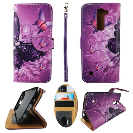 Multi Purple Butterfly Pink Wallet Folio Case for LG K7 / LG Tribute 5 / LG Treasure Fashion Flip PU Leather Cover Card Slots &
