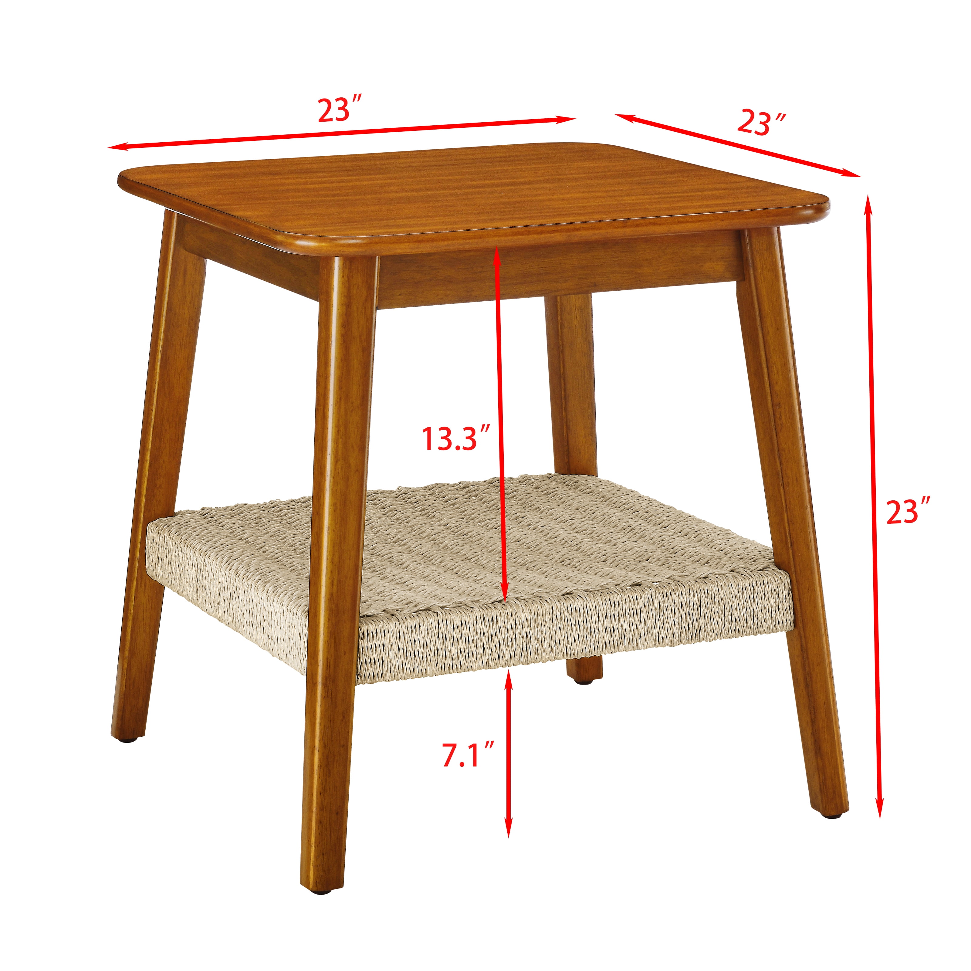 Side Table 23 Inch, Mid-Century Woven Shelf Boho Side Table with Storage for Living Room Couch, Walnut
