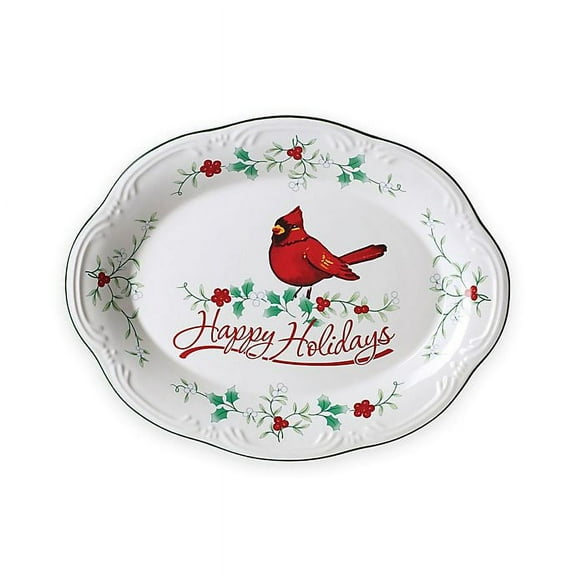 Pfaltzgraff Winterberry Stoneware Happy Holidays Oval Plate Snow Globe