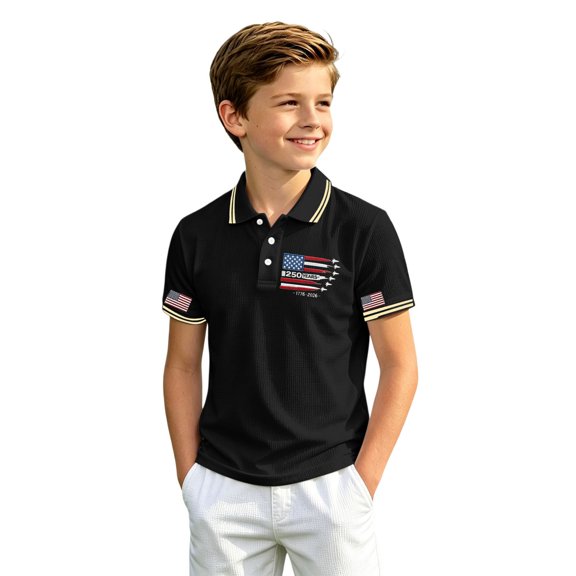 Bobifish Toddler Boys Short Sleeve Polo Classic Collar Usa Flag Patch Graphic Print Collared Shirt