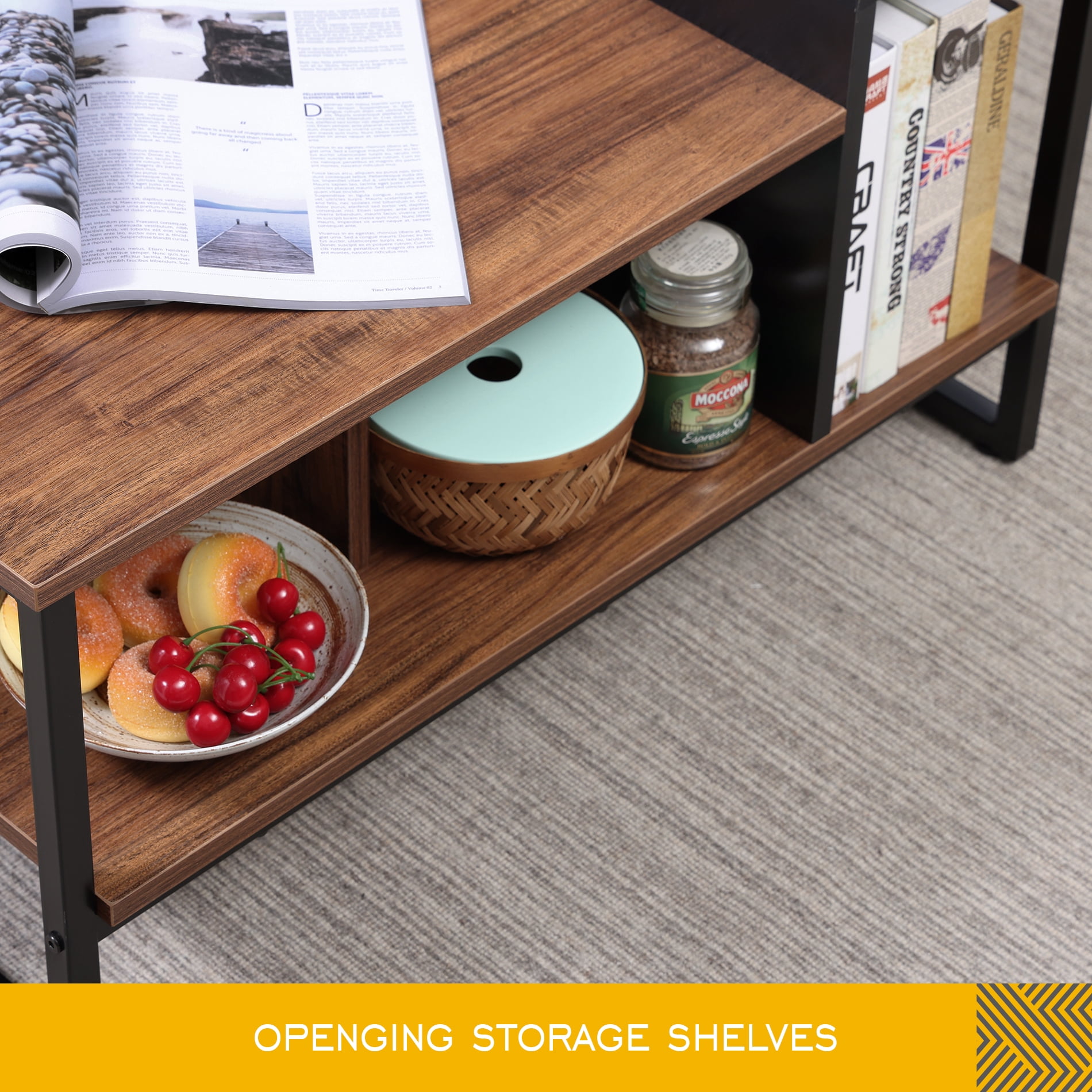 Hommoi Modern Wood and Metal Coffee Table with Storage, Black/Brown