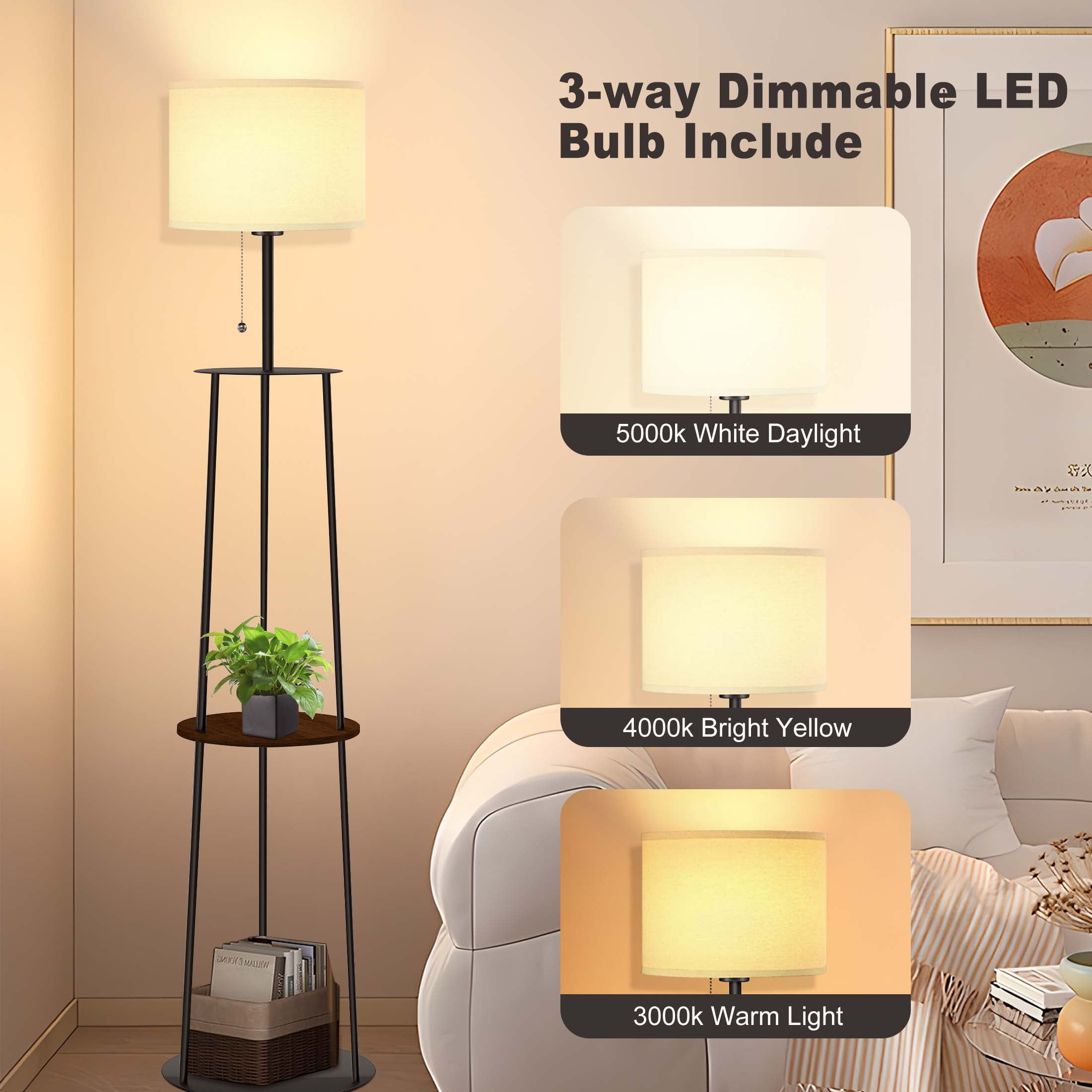 65" Floor Lamp with Shelves, Modern Round Standing Lamp with 3 Color Temperature Bulb – Corner Display Bookshelf Lamp for Living Room and Bedroom