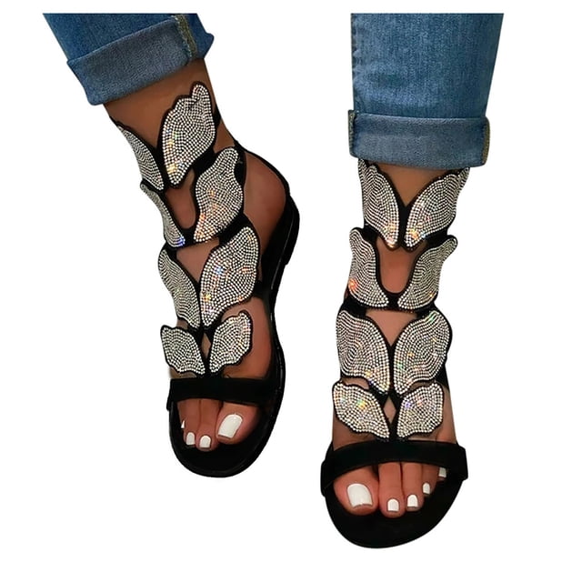 Kcodviy Sandales à Talon Bas Strass Ouvertes Compensées pour Femmes Sandales Décontractées pour Femmes Sandales à Bout en Cristal Sandales Moelleuses pour Femmes