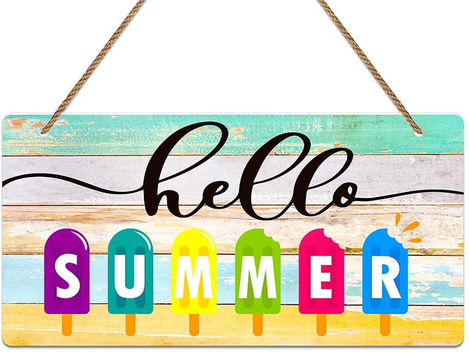 WaaHome Hello Summer Door Sign 6x12 Farmhouse Summer Decor Sign for Home Wall Front Door Decorations