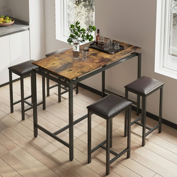 SYNGAR Bar Table Set with 4 Rectangular Cushioned Stools, 5 Pieces Counter Height Pub Table Set, Bistro Set with Rustic Brown Tabletop, Kitchen Dining Table and Chairs Set for 4, D6126