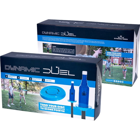 Dynamic Discs Dynamic Duel Outdoor Disc Toss Game Set with 2 Flying Discs, 2 Collapsible Poles, 2 Shatterproof Bottles and Carry Bag