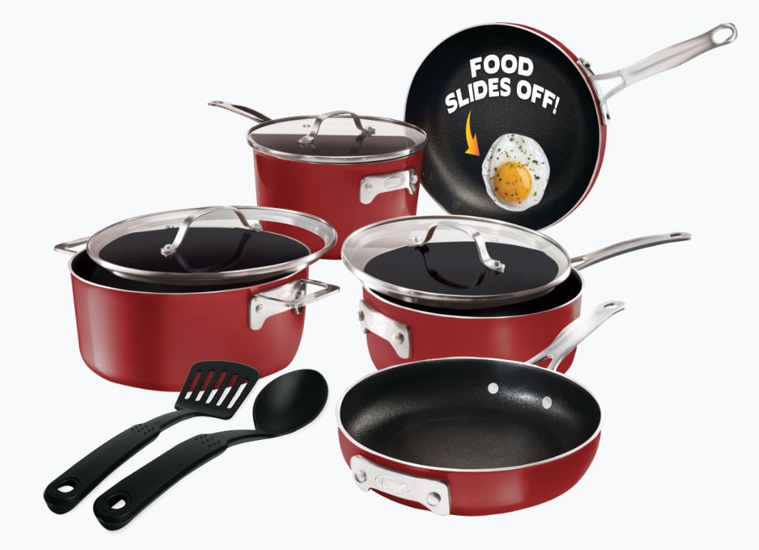 Gotham Steel Stackmaster Pots and Pans Set, 10 Piece Cookware Set, Stackable Design with Nonstick Cast Texture Coating, Includes Skillets, Sauce Pans, Stock Pots and Utensils, Dishwasher Safe, Red