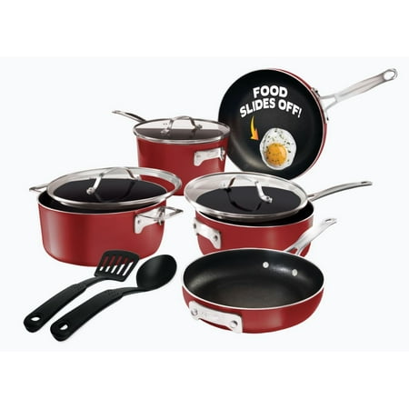 

bao Pots and Pans Set 10 Piece Cookware Set Stackable Design with Nonstick Cast Texture Coating Includes Skillets Sauce Pans Stock Pots and Utensils Dishwasher Safe Red