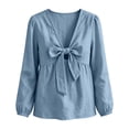 thumbnail image 7 of Womens Bow Tie Cotton Linen Babydoll Tops Lightweight Casual Trendy Fall Long Sleeve French Style Blouse Blue S-2XL, 7 of 7