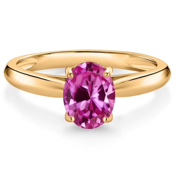 Gem Stone King 10K Yellow Gold Pink Created Sapphire Solitaire Engagement Ring for Women (1.65 Cttw, Oval 8X6MM, Gemstone September Birthstone, Available in Size 5, 6, 7, 8, 9)