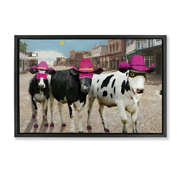 Stupell Industries Superhero Cows in Town Scenery Painting Black Floater Framed Canvas Art Print Wall Art, 25 x 17
