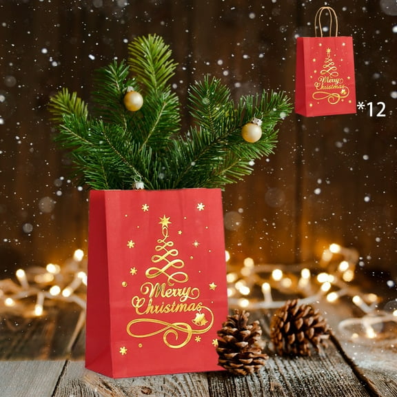 Lilgiuy 12 Pack Christmas Gift Bags, Portable Christmas Kraft Paper Bags, 8.27x5.91x3.15inches with Handles Xmas Gift Bags, Suitable for Holiday Kraft Paper Gift Bags, Reusable Christmas Gift Bags