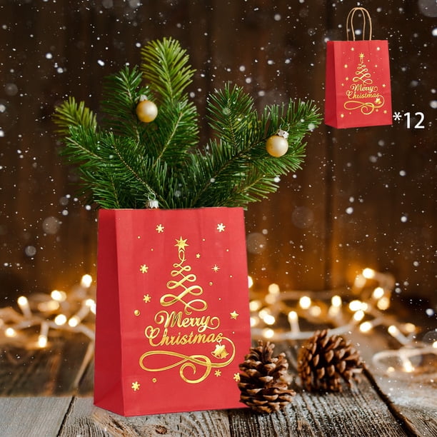 Bolsas de Regalo Kraft (Paquete de 12) Bolsas de Compras Portátiles Bolsas de Mano Bolsas de Papel para Estampar Bolsas Navideñas Bolsas para Envolver Regalos de Fiesta