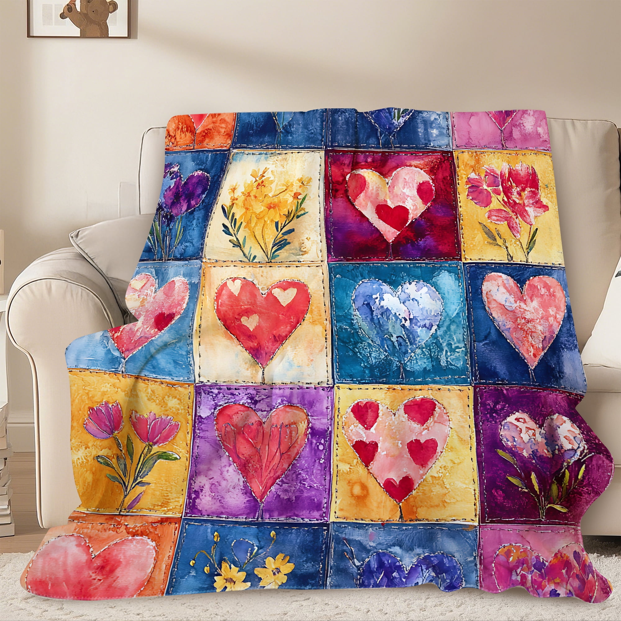JML Sherpa Fleece Throw Blanket 40 x 50 Reversible Plush Fluffy Blanket Double-Layer Super Soft Flannel Blanket for Sofa Couch Bed Patchwork Floral & Heart Pattern