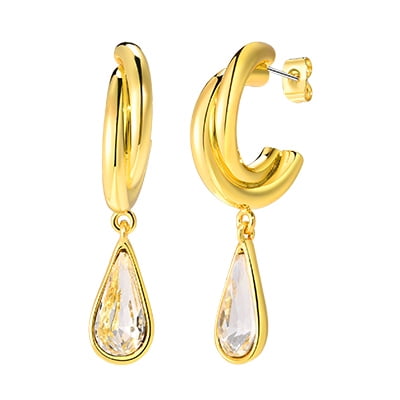 Gold Hoops Earrings for Women Trendy Hypoallergenic C Shape Earrings with Zirconia Drops Charm, Womens Open Hoops Earrings Jewelry Gifts
