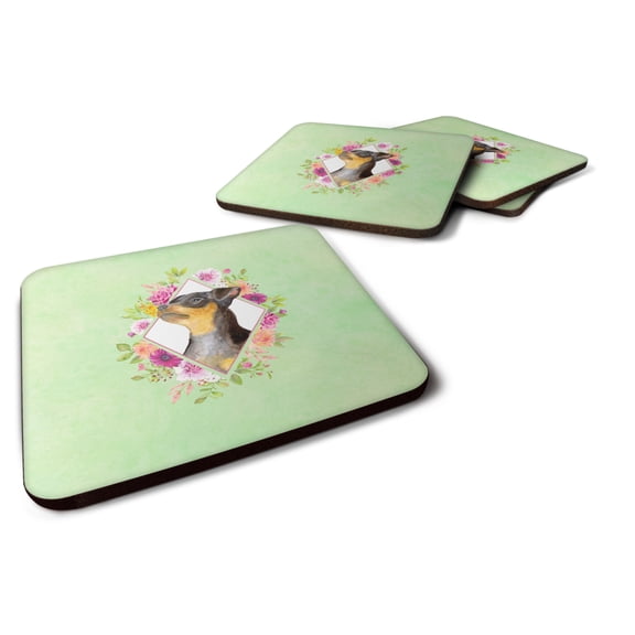 Carolines Treasures CK4356FC Black Miniature Pinscher Green Flowers Foam Coaster Set of 4 3 1/2 x 3 1/2 multicolor