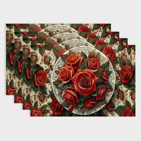 

Shiartex 4pcs Rose Leaves Plate Linen Placemat Set for Elegant Dining Tables Restaurants and Home Decoration 18x12in