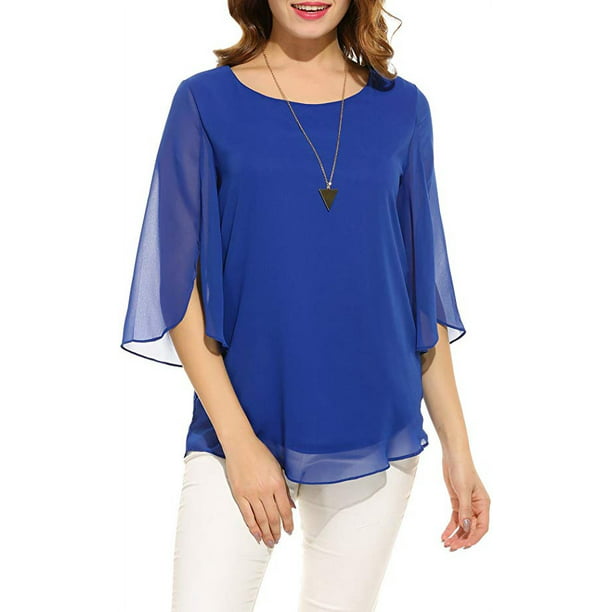 Womens Casual Scoop Neck Loose Top 3/30 Sleeve Chiffon Blouse Shirt ...