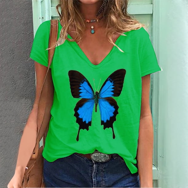 Pntutb - Camiseta de manga corta con estampado de mariposa y cuello en V para mujer Pntutb Pntutb-1222