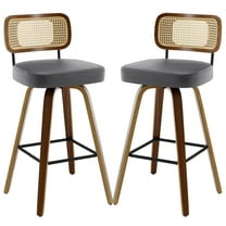 ANMINY Swivel Counter Height Bar Stools, Set of 2, Upholstered Faux Leather Barstools with Rattan Back, 29" Seat Height Bar Chairs for Kitchen Island, Bentwood Wood Frame