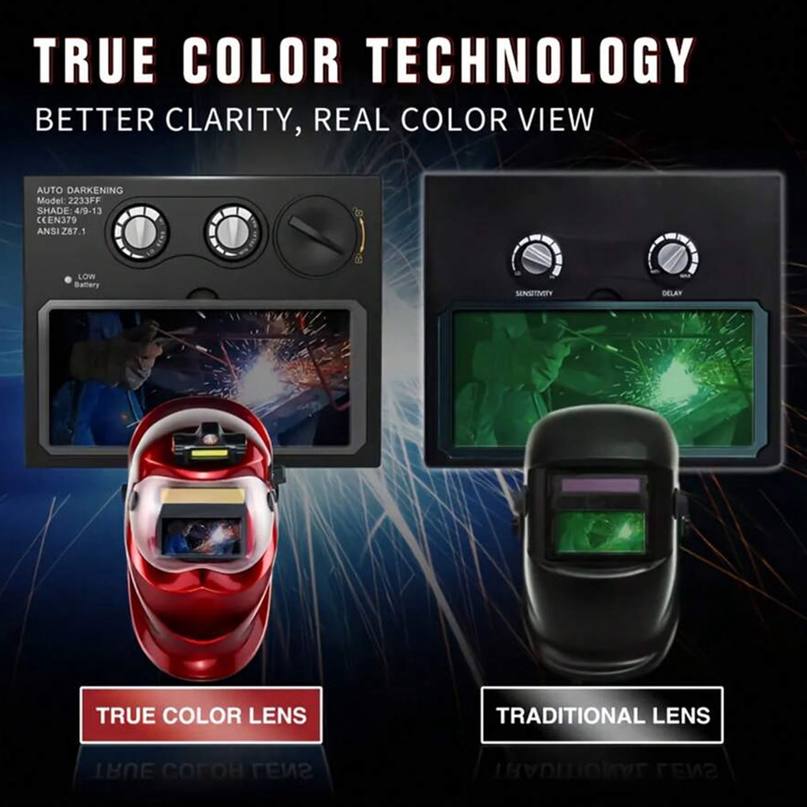 Welding Helmets,Auto Darkening Welding Helmet,Solar Powered True Color Welding Hood 2 Arc Sensor Wide Shade 9-13 Welding Mask with Grinding