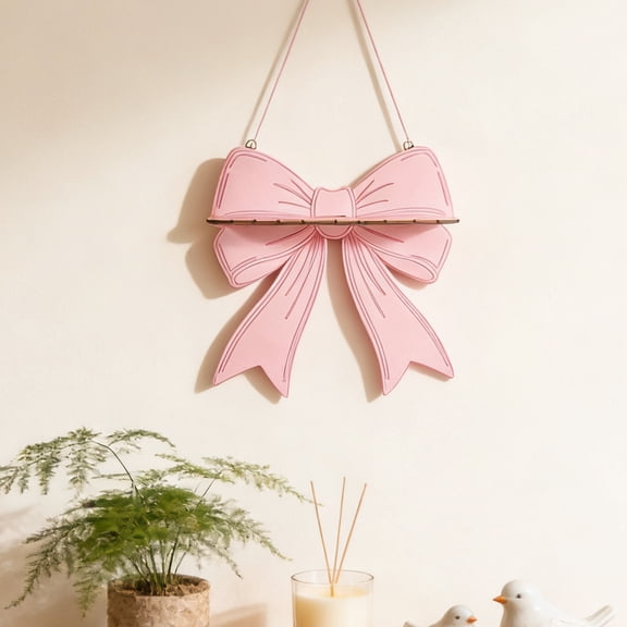 12x11 Inch Wooden Wall Mounted Shelf Bow Design Decorative Floating Storage Rack for Bedroom Living Room Home Decor, Pink